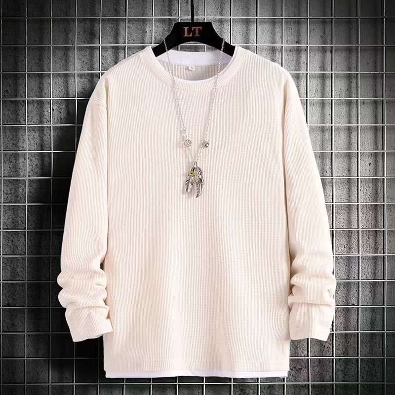 Long Sleeve Waffle Knit Tee Layered Casual Mens Sweatshirt Khaki - Image 4
