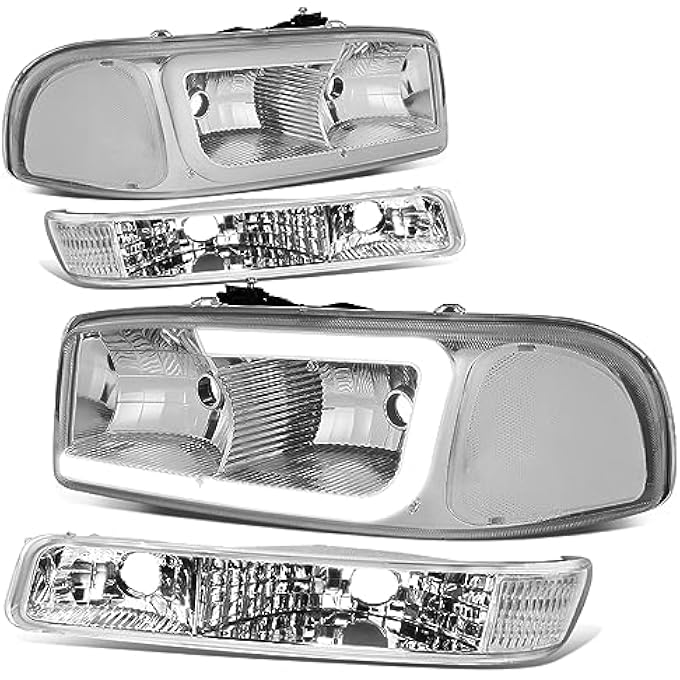 Auto Dynasty 4Pcs Led Drl Headlights Assembly And Bumper Lamps Compatible With Gmc Sierra Yukon Xl Gmt800 9907 Driver And Passenger Side Chrome Housing Clear Corner - Image 1