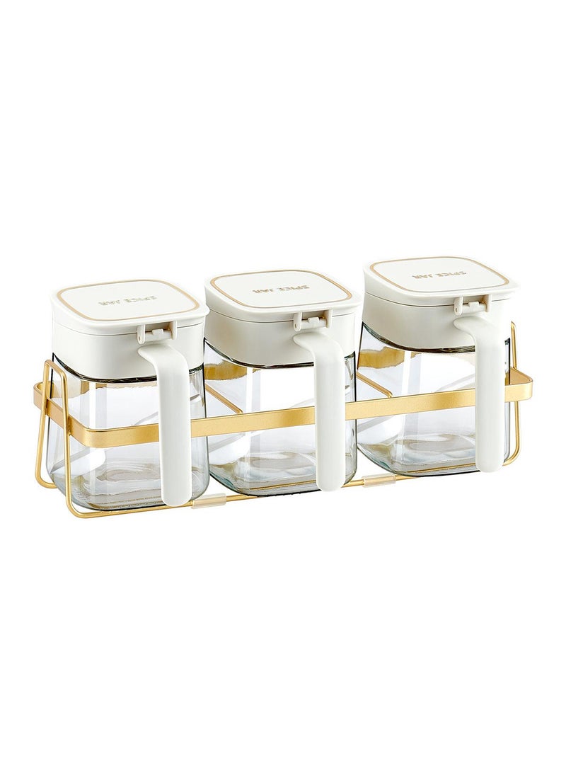 Bluejw Seasoning Jar Organizer Condiment Jar Spice Container Kit With Rack And Spoons, 3Pc Clear Glass Kitchen Spice Pots, Salt Pepper Sugar Storage, Container Condiment Jars Seasoning Box - Image 1