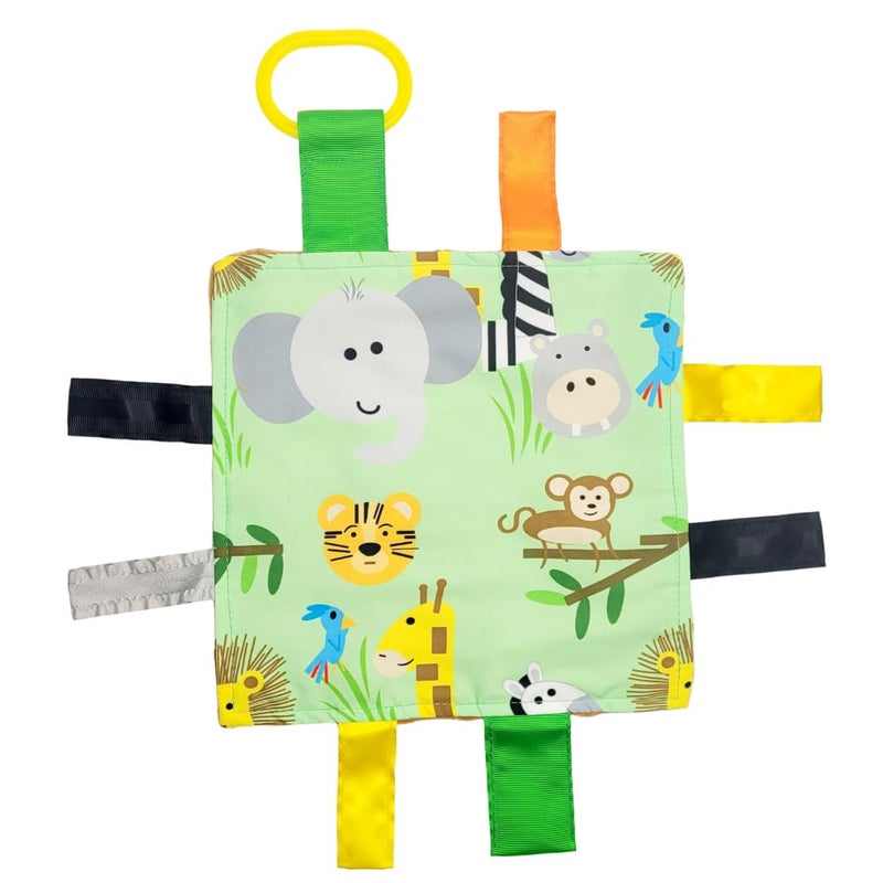 The Learning Lovey Baby Jack & Co 8x8” Jungle Zoo Animals Lovey Tag Toys for Babies - Crinkle Toys for Development of 5 Senses - Soft & Safe - Learn Shapes & Colors - Tummy Time - Soother - BPA Free w/Stroller Clip - Image 1