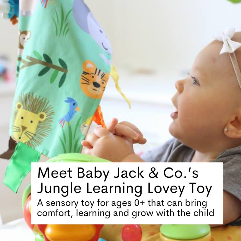 The Learning Lovey Baby Jack & Co 8x8” Jungle Zoo Animals Lovey Tag Toys for Babies - Crinkle Toys for Development of 5 Senses - Soft & Safe - Learn Shapes & Colors - Tummy Time - Soother - BPA Free w/Stroller Clip - Image 2