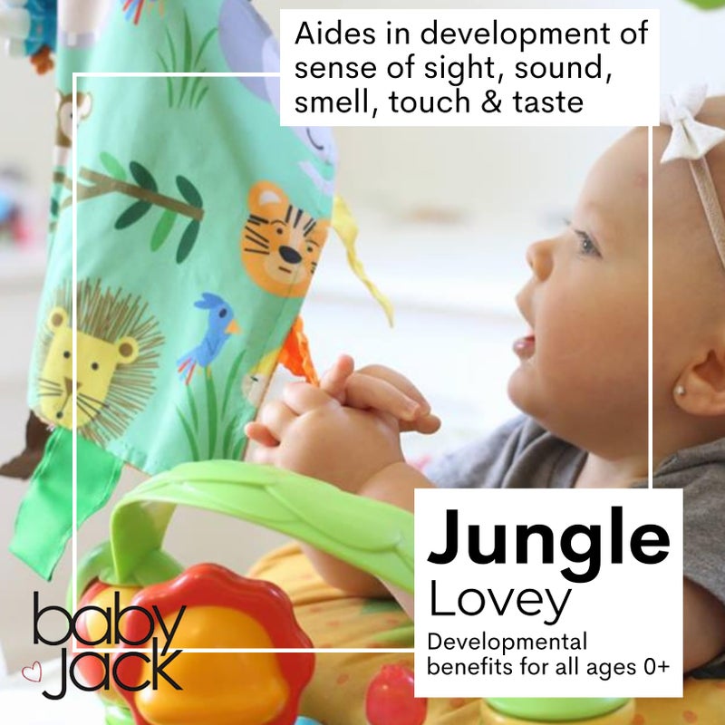 The Learning Lovey Baby Jack & Co 8x8” Jungle Zoo Animals Lovey Tag Toys for Babies - Crinkle Toys for Development of 5 Senses - Soft & Safe - Learn Shapes & Colors - Tummy Time - Soother - BPA Free w/Stroller Clip - Image 3
