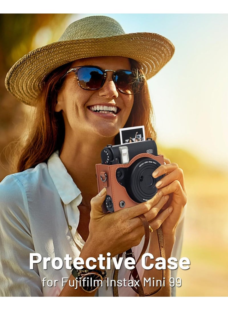 بيوينتي Camera Bag for Fuji Instax Mini 99 Instant Camera with Adjustable Shoulder Strap, Photo Frame, and Cartoon Stickers (Brown)  - Image 2