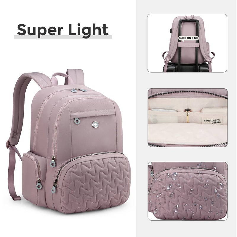Swissdigital Design Backpack for Women, 15.6 inch Laptop College Pink Medium Simple Modern Backpacks for School with USB Charging Port for Womens Girls | SD1711-82 - Image 5