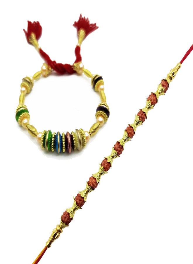 Ascension Designer Rudraksh Rakhi with Metal Lumba Kada Chuda Set Raksha Bandhan Gift Band Moli Bracelet Stone Pearl Designer Rakhi for Brother bhaiya bhabhi with Roli Tilak Pack - Image 1