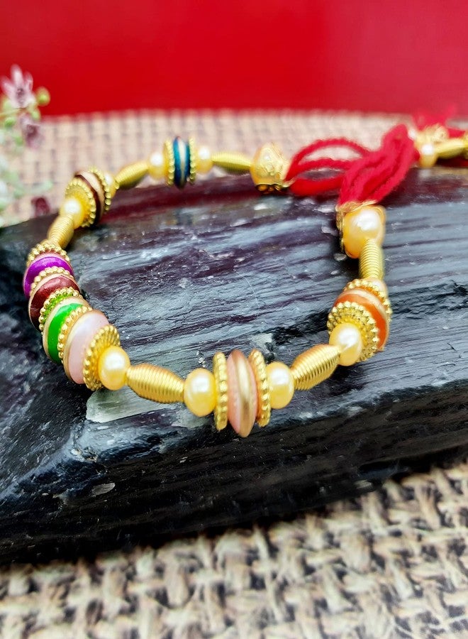 Ascension Designer Rudraksh Rakhi with Metal Lumba Kada Chuda Set Raksha Bandhan Gift Band Moli Bracelet Stone Pearl Designer Rakhi for Brother bhaiya bhabhi with Roli Tilak Pack - Image 5
