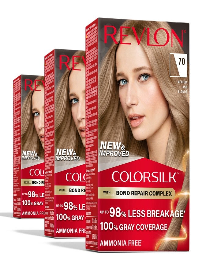 Revlon ColorSilk with Bond Repair Complex, Blonde Permanent Hair Color, 100% Gray Coverage, Ammonia Free Hair Dye, Vegan Keratin, 70 Medium Ash Blonde (Pack of 3) - Image 1