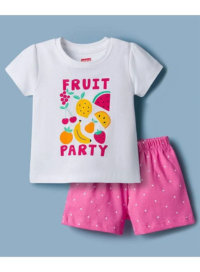 Babyhug Babyhug Cotton Knit Half Sleeves T-Shirt & Short Night Suit With Fruit Print - White