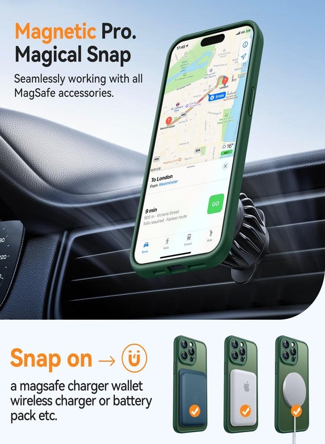 CANSHN Magnetic Compatible with iPhone 15 Pro Case, Upgraded [Full Camera Protection] [Compatible with Magsafe] [Translucent Matte] Shockproof Protective Phone Case 6.1" - Dark Green - Image 4