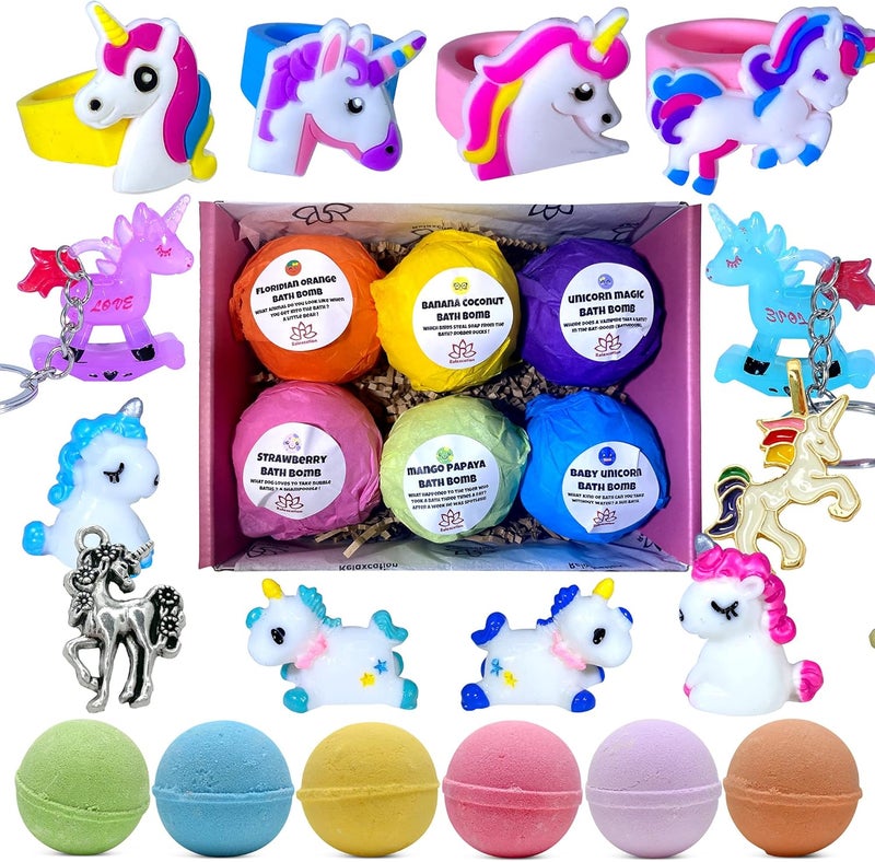 Relaxcation Unicorn Bath Bombs for Girls with Surprise Toys Inside for Kids | Cute Unicorn Ring, Keychain, Necklace, Toys and Bonus Unicorn Purse - Easter Gift Set Bath Balls with Unicorn Toys Inside - Handmade