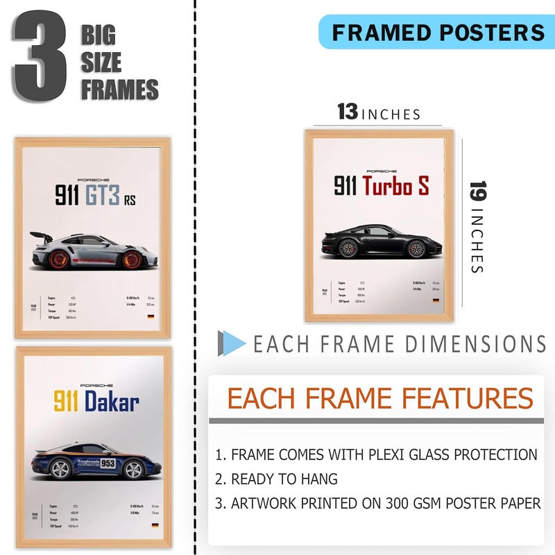 Gamya Engineered Wood Big Porsche Cars Framed Posters For Wall Decoration, Bedroom, Living Room, Gift Item For Boys | Set of 3 (13x19 Inches) (911 Trio) - Image 3