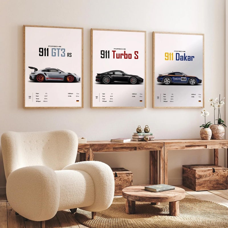 Gamya Engineered Wood Big Porsche Cars Framed Posters For Wall Decoration, Bedroom, Living Room, Gift Item For Boys | Set of 3 (13x19 Inches) (911 Trio) - Image 1