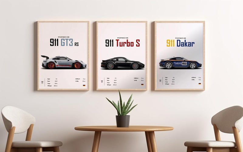 Gamya Engineered Wood Big Porsche Cars Framed Posters For Wall Decoration, Bedroom, Living Room, Gift Item For Boys | Set of 3 (13x19 Inches) (911 Trio) - Image 2