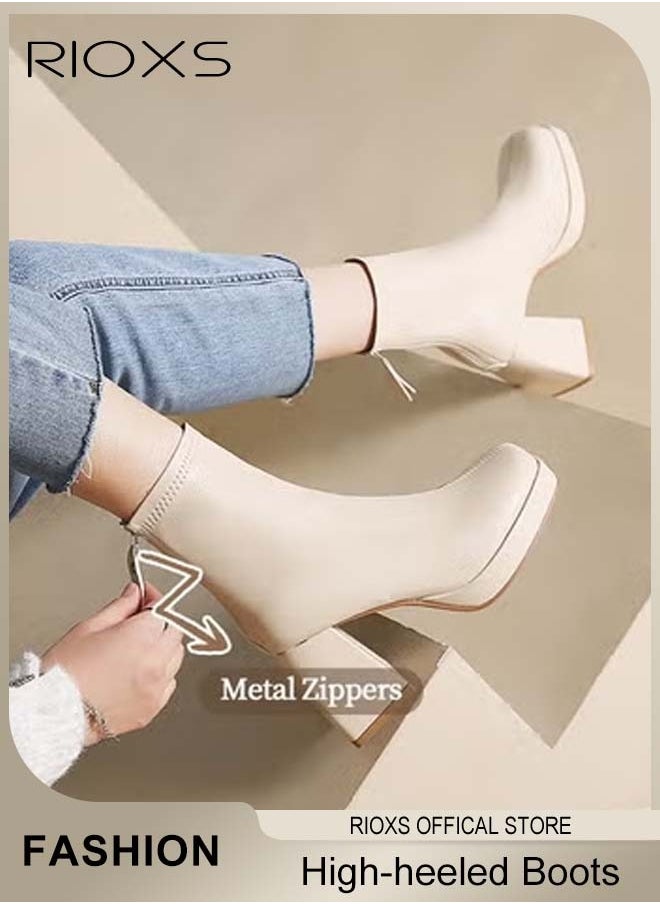 RIOXS Women's High-heeled Ankle Boots, Stylish Side Zipper Square-toe Lug Ankle Boots, Ladies High-quality Fashion Ankle Booties, Comfortable Leather Boots, Versatile Enough to Suit Various Occasions  - Image 2