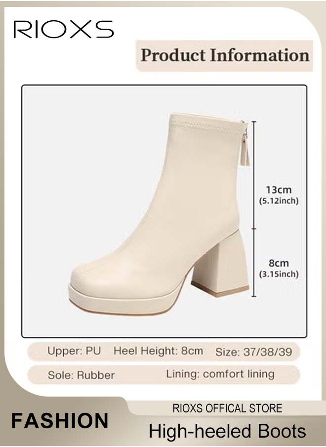 RIOXS Women's High-heeled Ankle Boots, Stylish Side Zipper Square-toe Lug Ankle Boots, Ladies High-quality Fashion Ankle Booties, Comfortable Leather Boots, Versatile Enough to Suit Various Occasions  - Image 3