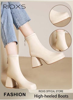 RIOXS Women's High-heeled Ankle Boots, Stylish Side Zipper Square-toe Lug Ankle Boots, Ladies High-quality Fashion Ankle Booties, Comfortable Leather Boots, Versatile Enough to Suit Various Occasions  - Image 1