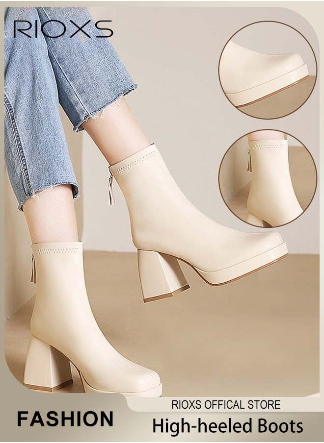 RIOXS Women's High-heeled Ankle Boots, Stylish Side Zipper Square-toe Lug Ankle Boots, Ladies High-quality Fashion Ankle Booties, Comfortable Leather Boots, Versatile Enough to Suit Various Occasions  - Image 1