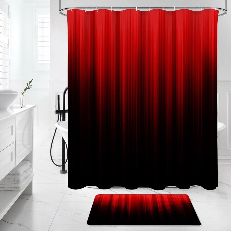 Litabel 4 Pcs Red and Black Gradient Shower Curtain Set with Rugs and Toilet Lid Cover, Modern Simple Waterproof Fabric Bathroom Set, Ombre Stripe Gothic Abstract Bathroom Decor Set Accessories - Image 3