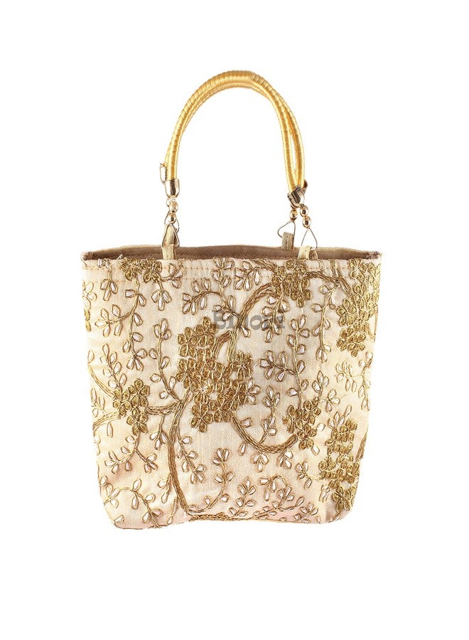 Giftwala Elegant Evening Handbag with Gold Floral Embroidery, Metallic Handle, (Beige) - Image 1