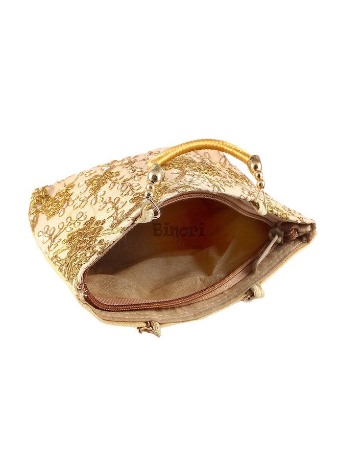 Giftwala Elegant Evening Handbag with Gold Floral Embroidery, Metallic Handle, (Beige) - Image 3