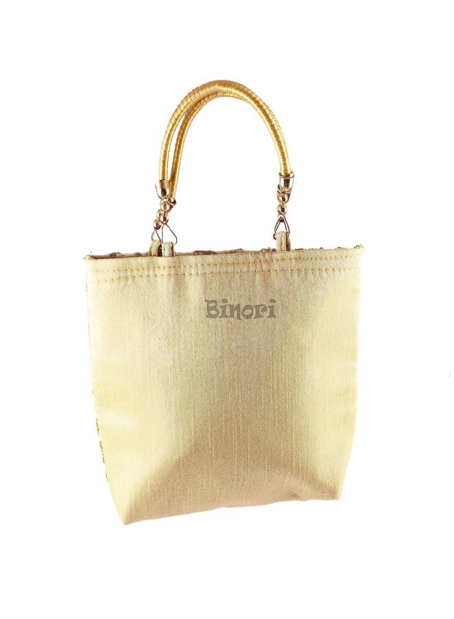 Giftwala Elegant Evening Handbag with Gold Floral Embroidery, Metallic Handle, (Beige) - Image 2
