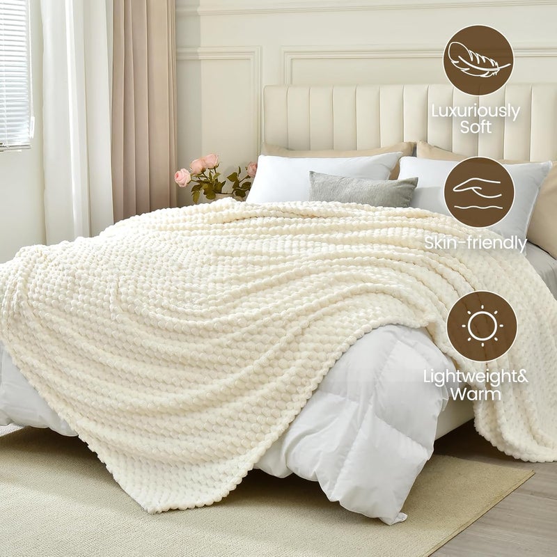 PHF بطانية فليس فائقة النعومة بحجم توأم (165 سم × 230 سم)، دافئة وخفيفة وزن، بطانية فلامنكو جاكار ثلاثية الأبعاد لفصل الخريف والشتاء، فاخرة ومريحة وطرية، كريمي - Image 4