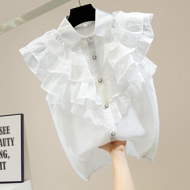 Sweet Pleated Layered Wooden Ear Lace Stitching Single-Breasted Sleeveless Thin Organza Micro Transparent Shirt - Image 2