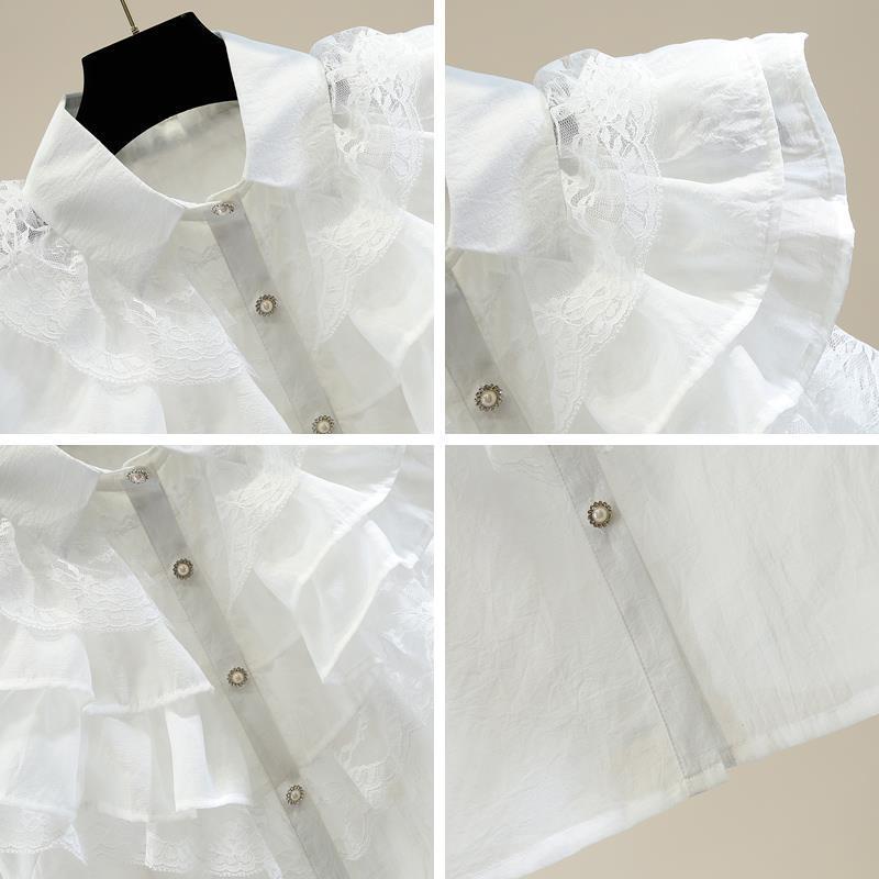 Sweet Pleated Layered Wooden Ear Lace Stitching Single-Breasted Sleeveless Thin Organza Micro Transparent Shirt - Image 5