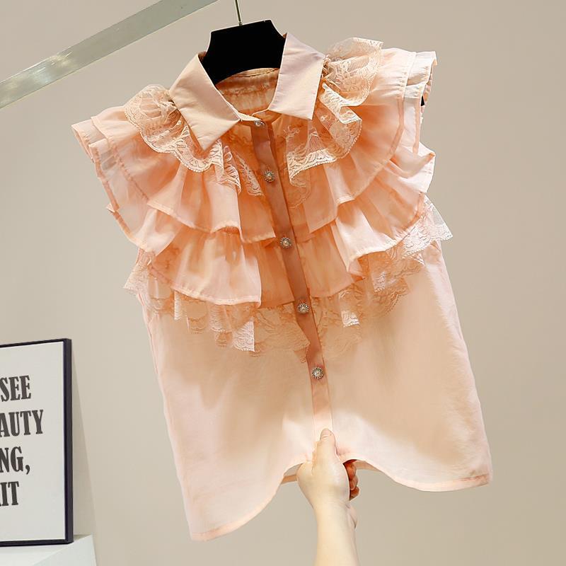 Sweet Pleated Layered Wooden Ear Lace Stitching Single-Breasted Sleeveless Thin Organza Micro Transparent Shirt - Image 4