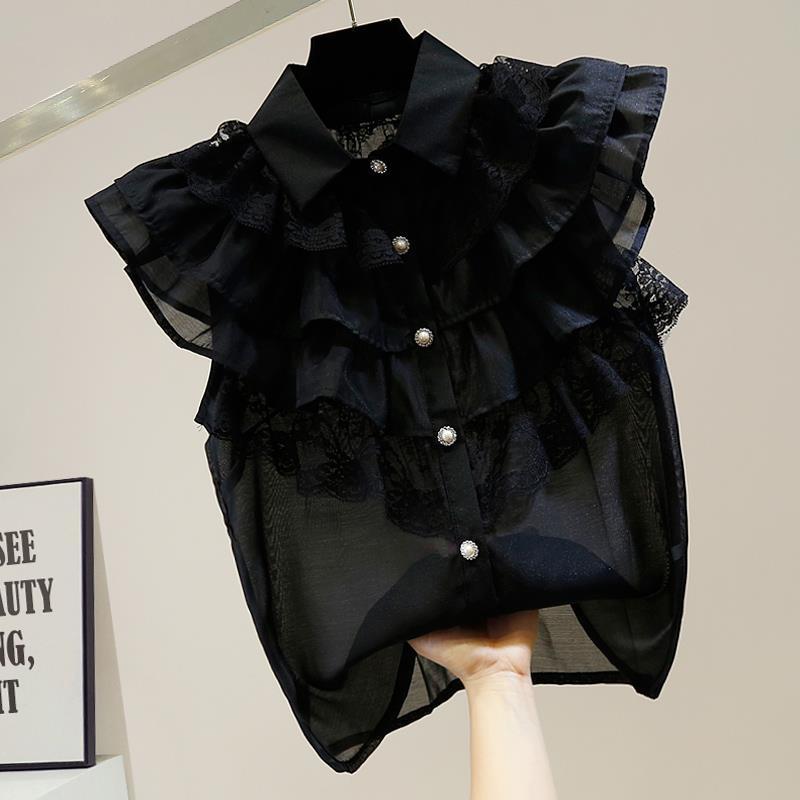 Sweet Pleated Layered Wooden Ear Lace Stitching Single-Breasted Sleeveless Thin Organza Micro Transparent Shirt - Image 3