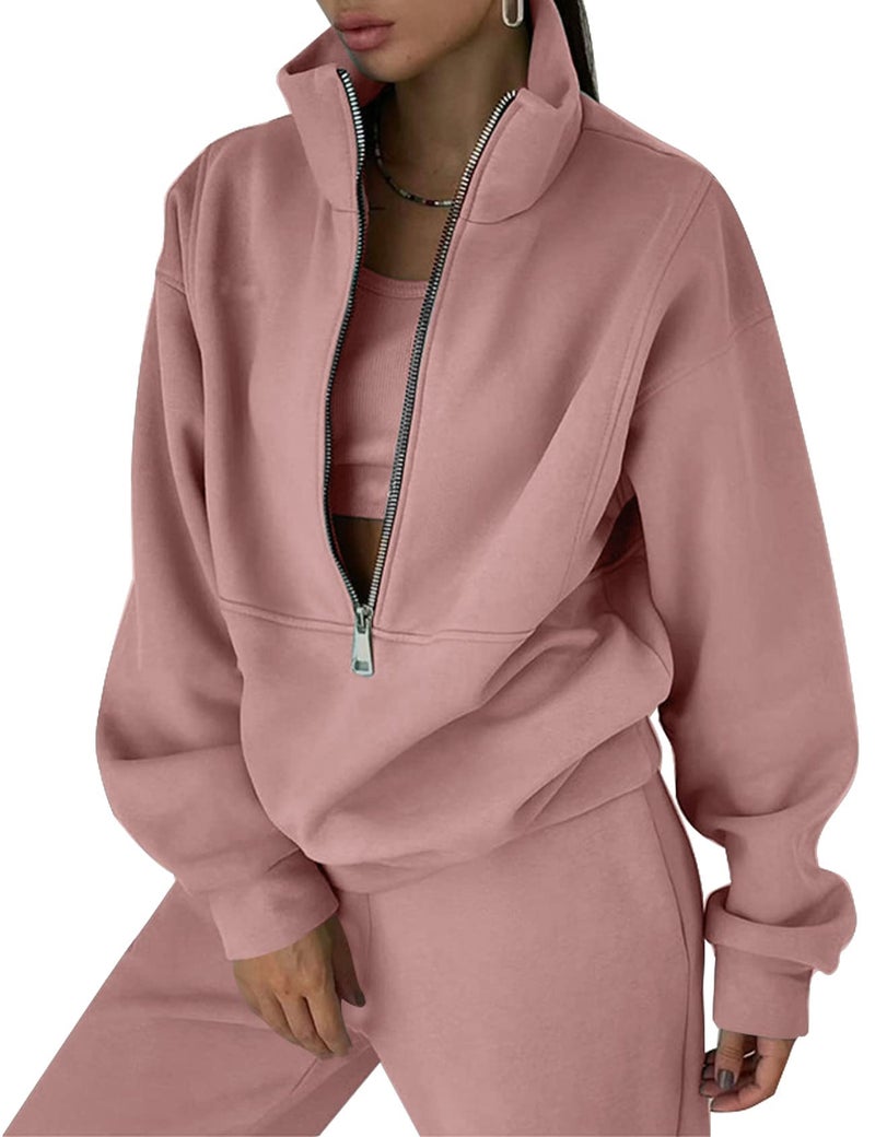 Eisctnd Womens Fleece 2 Piece Sweatsuit Lounge Set Long Sleeve Sweatshirt Jogger Pants Tracksuit Sweatsuit 2024 Fall Sets(DarkPink-XXL) - Image 1