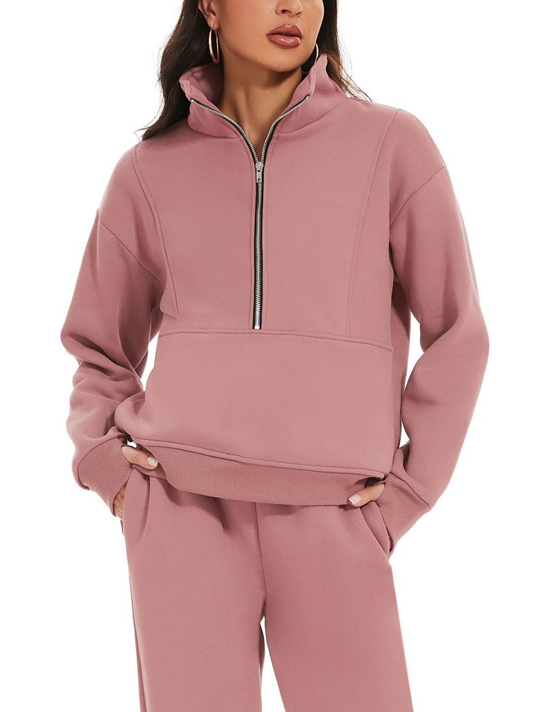Eisctnd Womens Fleece 2 Piece Sweatsuit Lounge Set Long Sleeve Sweatshirt Jogger Pants Tracksuit Sweatsuit 2024 Fall Sets(DarkPink-XXL) - Image 2