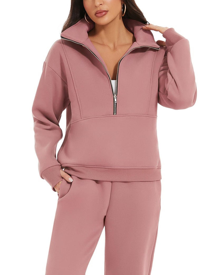 Eisctnd Womens Fleece 2 Piece Sweatsuit Lounge Set Long Sleeve Sweatshirt Jogger Pants Tracksuit Sweatsuit 2024 Fall Sets(DarkPink-XXL) - Image 3