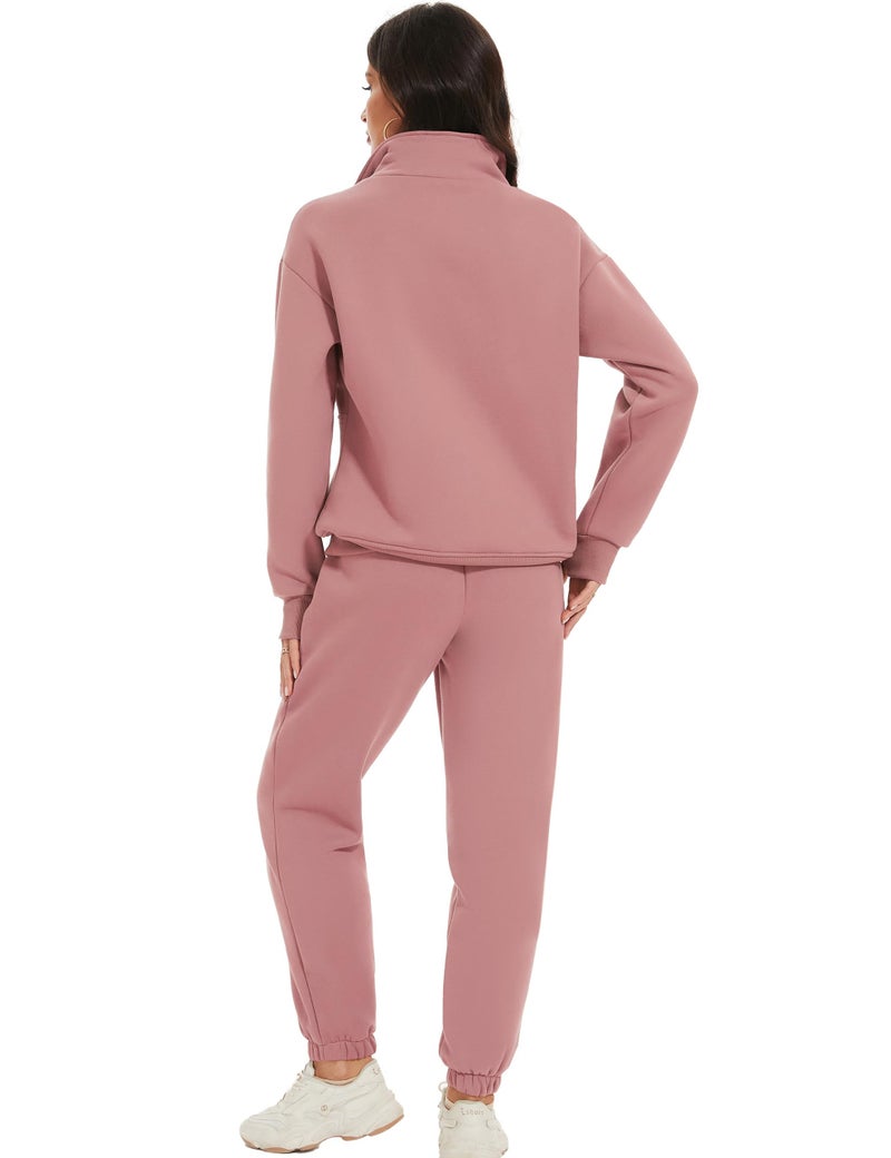 Eisctnd Womens Fleece 2 Piece Sweatsuit Lounge Set Long Sleeve Sweatshirt Jogger Pants Tracksuit Sweatsuit 2024 Fall Sets(DarkPink-XXL) - Image 4