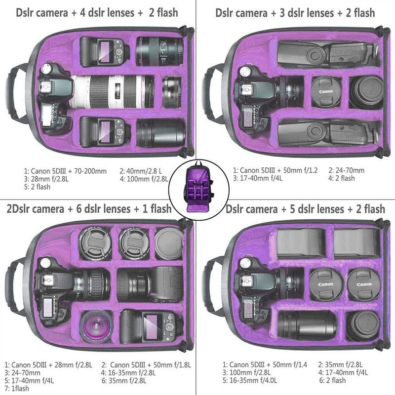 eWINNER Waterproof DSLR Camera Backpack with 15.6-inch Laptop Compartment - Large Capacity for Nikon, Canon, Sony (Purple) - Image 3
