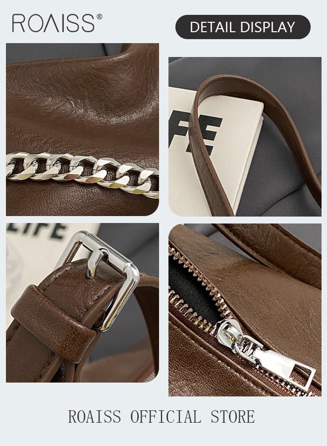 roaiss Vintage Crescent Bag with Chain Decor for Women PU Leather Shoulder Crossbody Bags Ladies Retro Satchel Handbag with Hardware Buckle - Image 5