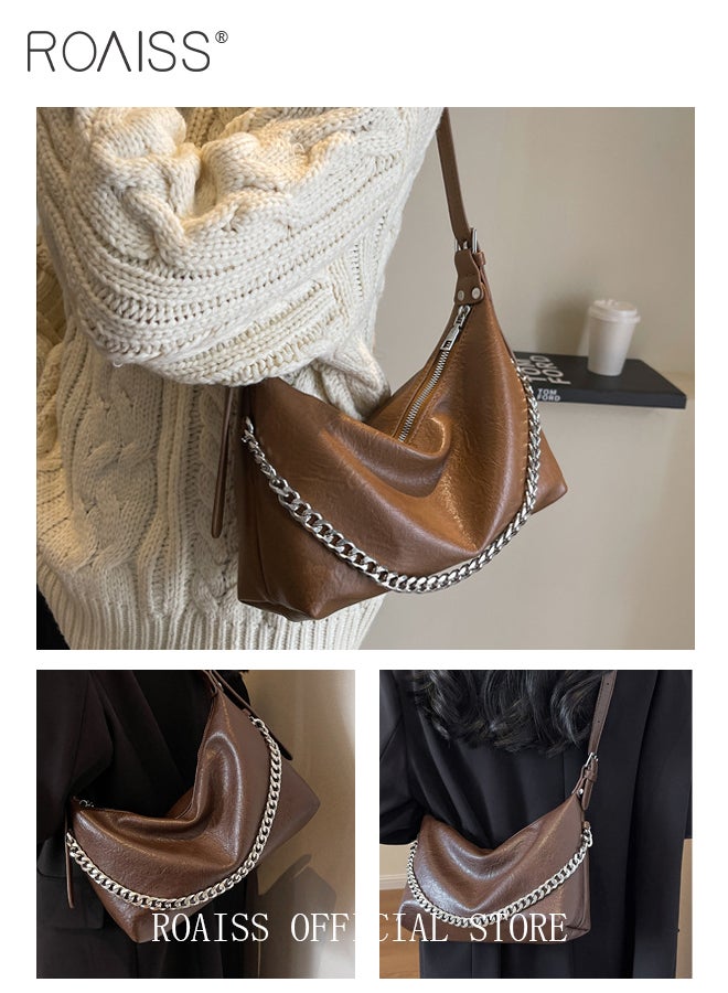 roaiss Vintage Crescent Bag with Chain Decor for Women PU Leather Shoulder Crossbody Bags Ladies Retro Satchel Handbag with Hardware Buckle - Image 4
