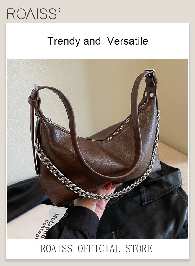 roaiss Vintage Crescent Bag with Chain Decor for Women PU Leather Shoulder Crossbody Bags Ladies Retro Satchel Handbag with Hardware Buckle - Image 2