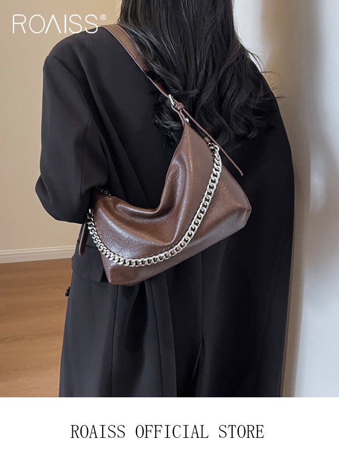 roaiss Vintage Crescent Bag with Chain Decor for Women PU Leather Shoulder Crossbody Bags Ladies Retro Satchel Handbag with Hardware Buckle - Image 3
