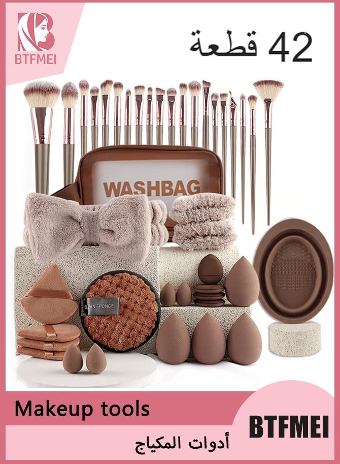 BTFMEI 42PCS Makeup Brush Set Makeup Tool Set, Premium Synthetic Foundation Powder Concealers Eye Shadows Blush Makeup Brushes Powder Puff with Makeup Sponge, Powder Puffs for Beginner and Professional (Brown) - Image 1