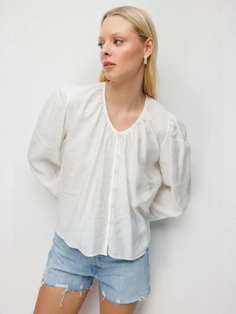 Mixray Ivory Natural MIXRAY Textured Button-Up Crew Neck Blouse for Women | Best Price UAE