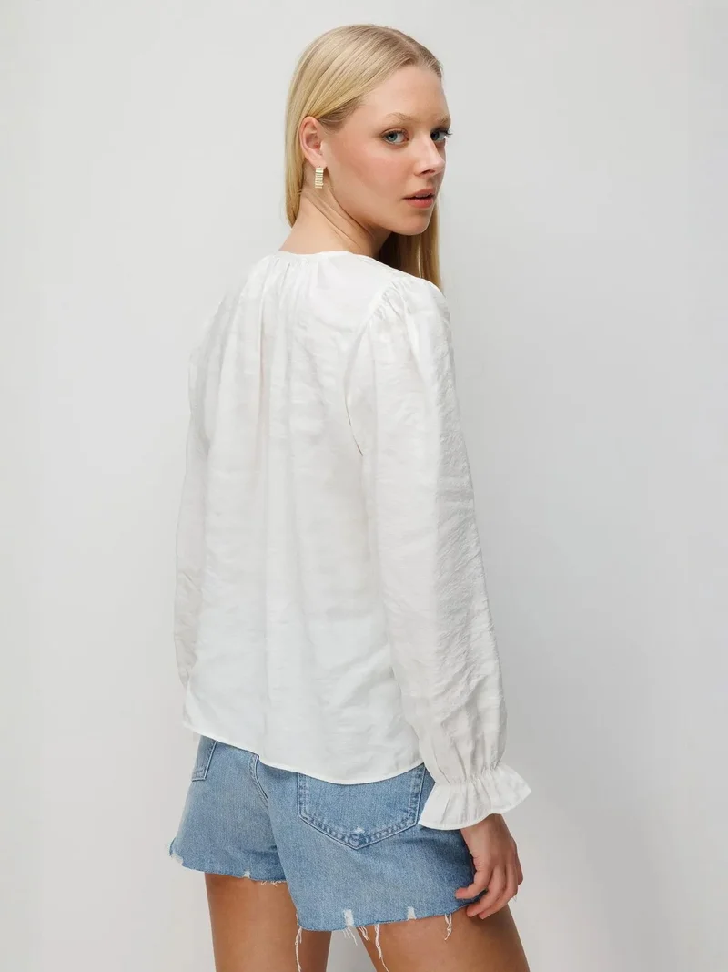 Mixray Ivory Natural MIXRAY Textured Button-Up Crew Neck Blouse for Women | Best Price UAE