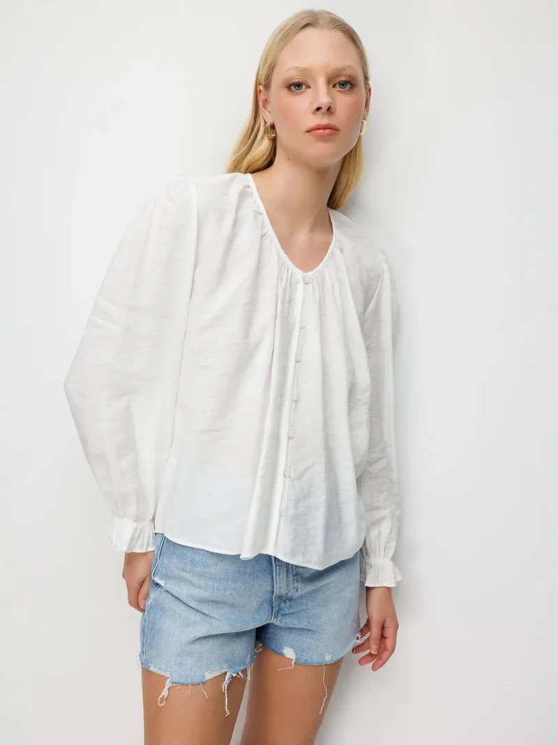 Mixray Ivory Natural MIXRAY Textured Button-Up Crew Neck Blouse for Women | Best Price UAE