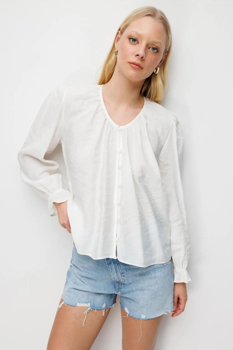 MIXRAY Textured Button-Up Crew Neck Blouse - Image 2