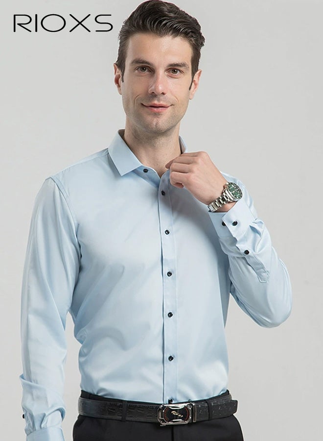 RIOXS ​​Men's Light Blue Shirt, Slim Fit Business Formal Shirt, Long Sleeve Polyester Office Shirt, Solid Color Button Down Shirt with Spread Collar, Professional Work Shirt for Men, Spring Autumn Essential Business Attire​ - Image 1
