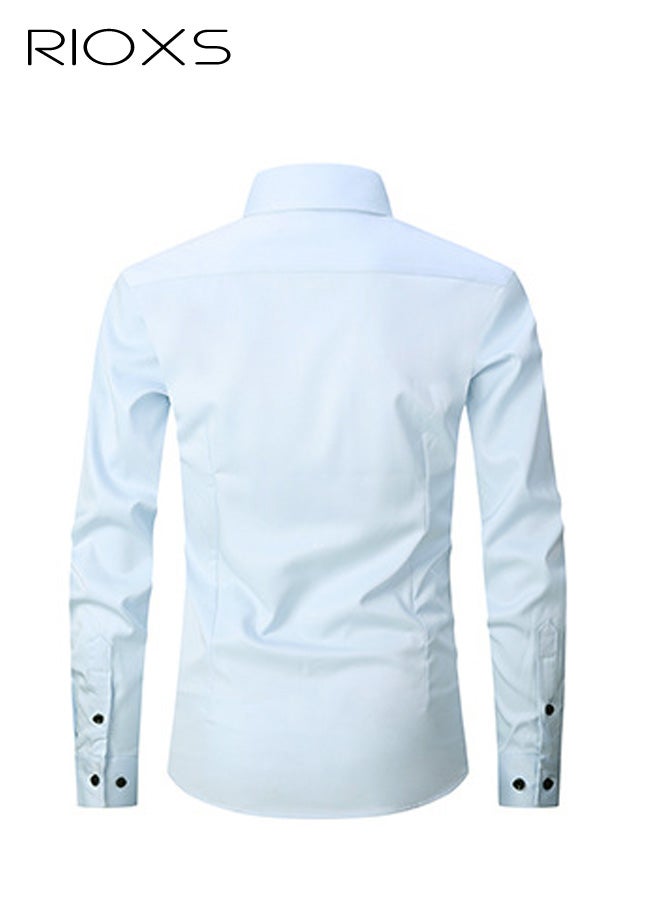 RIOXS ​​Men's Light Blue Shirt, Slim Fit Business Formal Shirt, Long Sleeve Polyester Office Shirt, Solid Color Button Down Shirt with Spread Collar, Professional Work Shirt for Men, Spring Autumn Essential Business Attire​ - Image 4