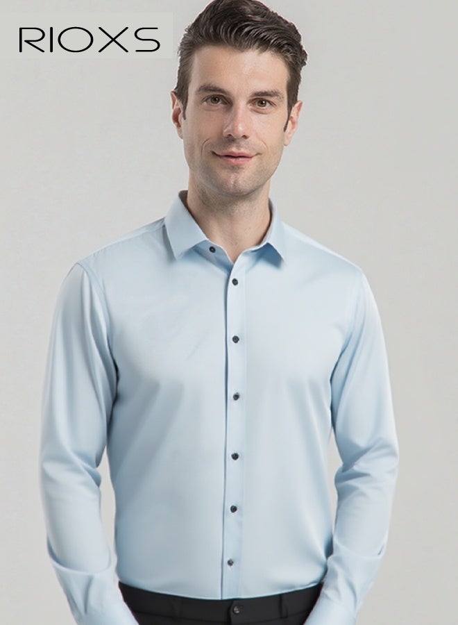 RIOXS ​​Men's Light Blue Shirt, Slim Fit Business Formal Shirt, Long Sleeve Polyester Office Shirt, Solid Color Button Down Shirt with Spread Collar, Professional Work Shirt for Men, Spring Autumn Essential Business Attire​ - Image 2
