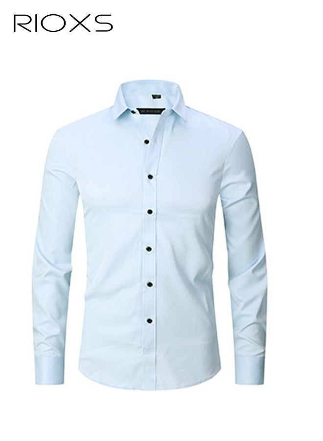 RIOXS ​​Men's Light Blue Shirt, Slim Fit Business Formal Shirt, Long Sleeve Polyester Office Shirt, Solid Color Button Down Shirt with Spread Collar, Professional Work Shirt for Men, Spring Autumn Essential Business Attire​ - Image 3