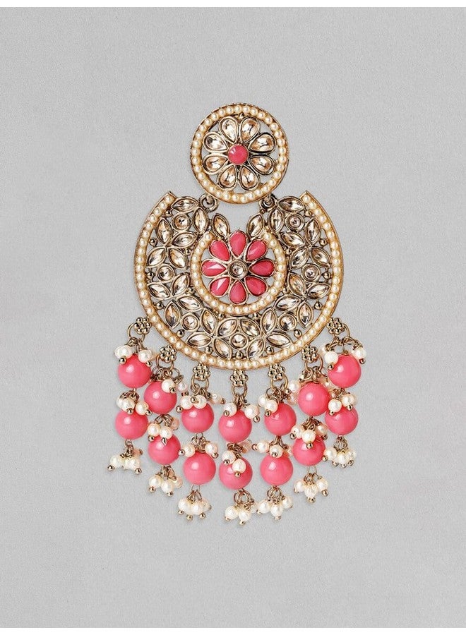 Rubans 18K Gold-Plated Handcrafted Pink Bead & Cubic Zirconia Studded Chandelier Earrings for Women & Girls - Perfect for Weddings & Special Occasions - Image 2