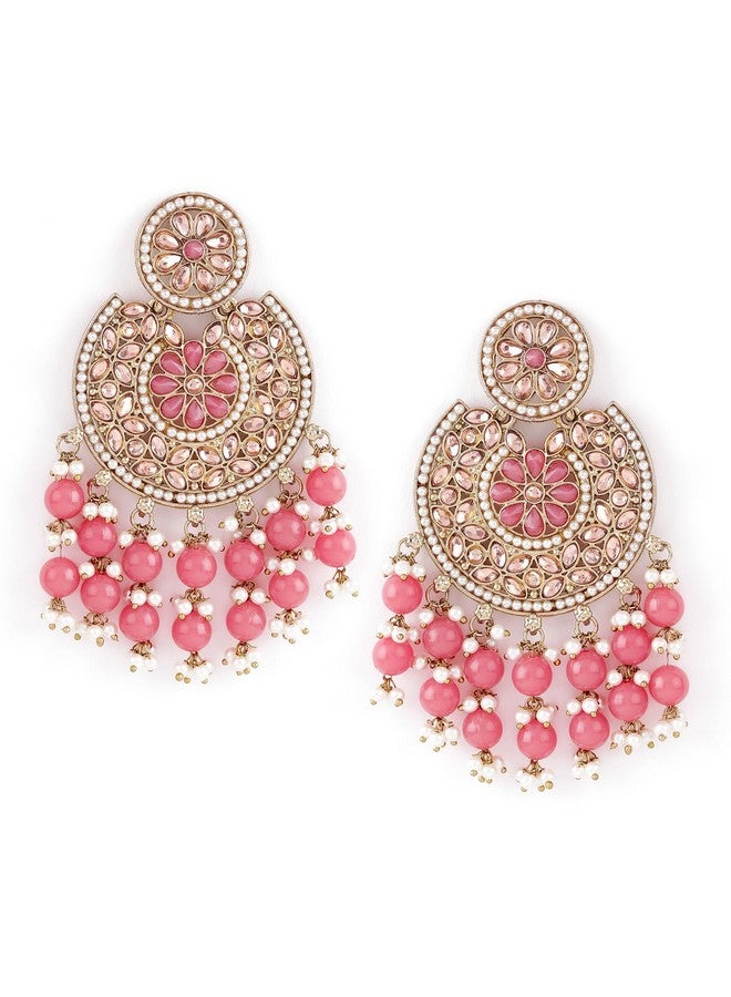 Rubans 18K Gold-Plated Handcrafted Pink Bead & Cubic Zirconia Studded Chandelier Earrings for Women & Girls - Perfect for Weddings & Special Occasions - Image 1